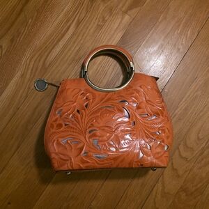 Patricia Nash Orange Floral Cutout Round Handle Shoulder Bag